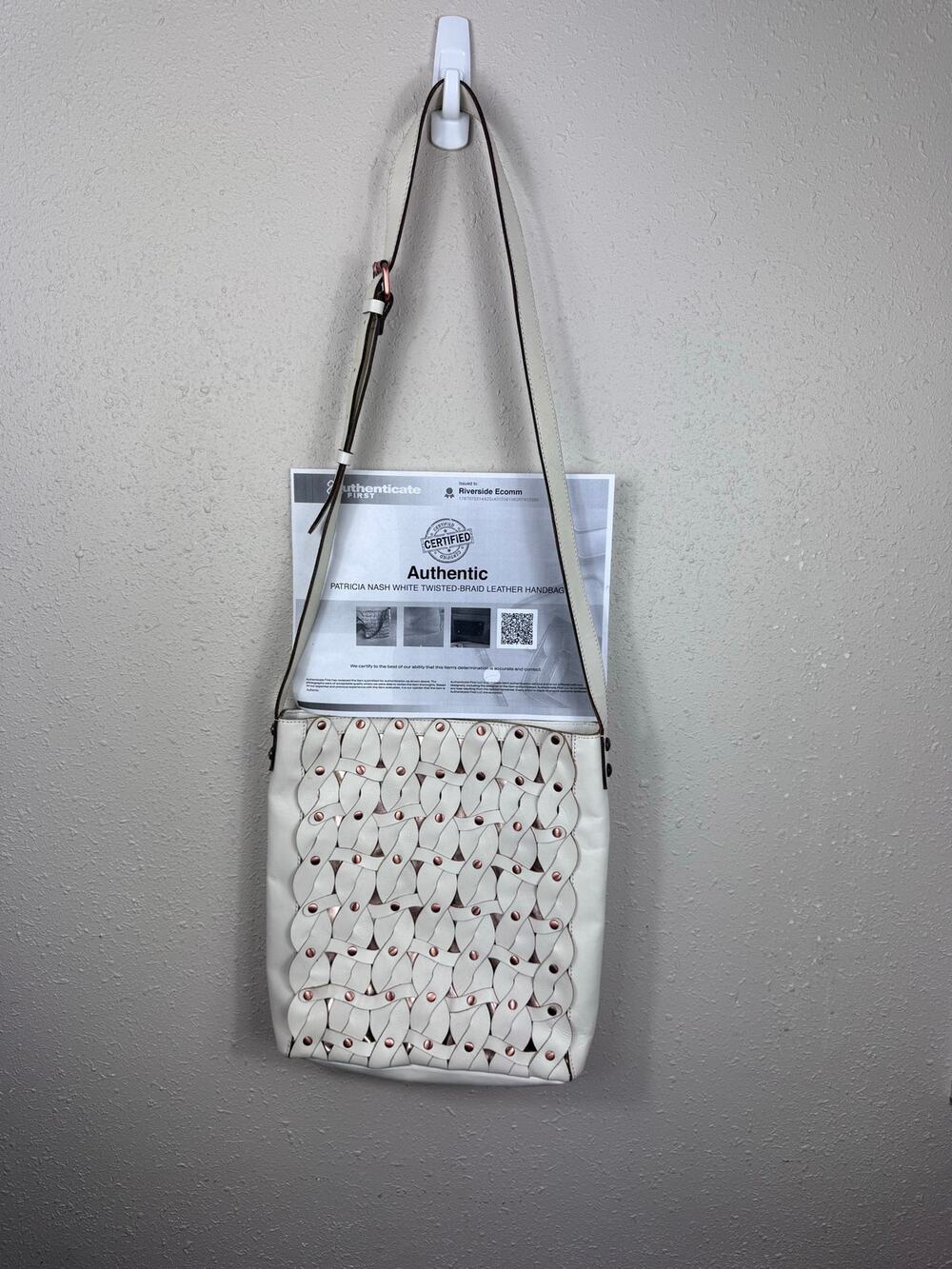 PATRICIA NASH WHITE TWISTED-BRAID LEATHER HANDBAG with COA